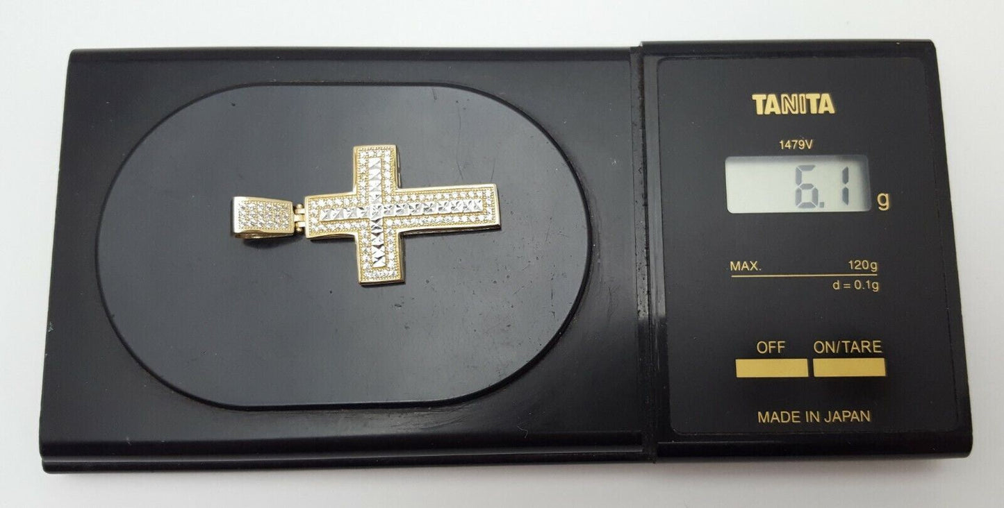 14K Two Tone Gold Religious Cubic Zirconia Cross Charm Pendant