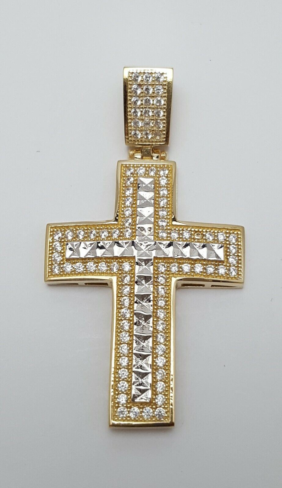 14K Two Tone Gold Religious Cubic Zirconia Cross Charm Pendant