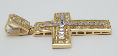 14K Two Tone Gold Religious Cubic Zirconia Cross Charm Pendant