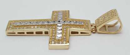 14K Two Tone Gold Religious Cubic Zirconia Cross Charm Pendant