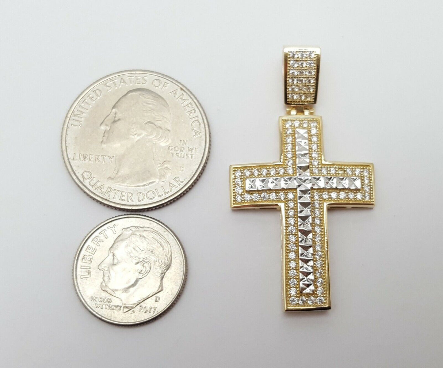 14K Two Tone Gold Religious Cubic Zirconia Cross Charm Pendant