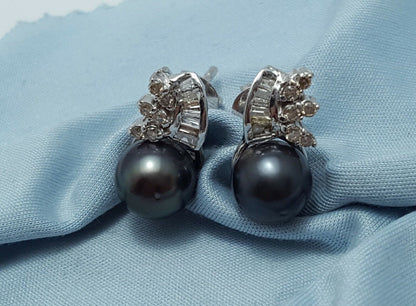 14K White Gold Designer Stud Tahitian Pearl & Diamonds Earrings