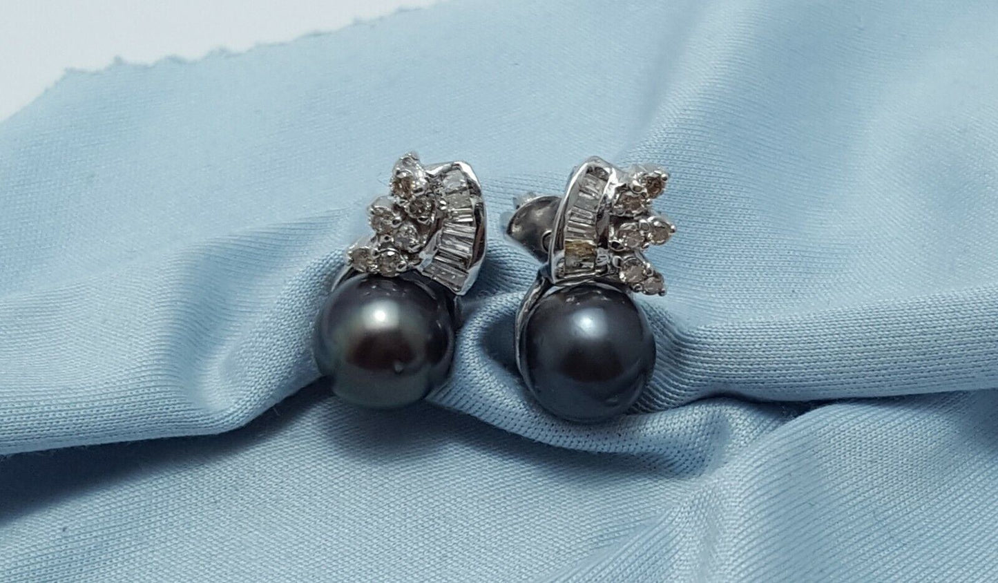 14K White Gold Designer Stud Tahitian Pearl & Diamonds Earrings