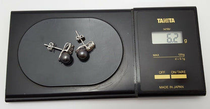 14K White Gold Designer Stud Tahitian Pearl & Diamonds Earrings