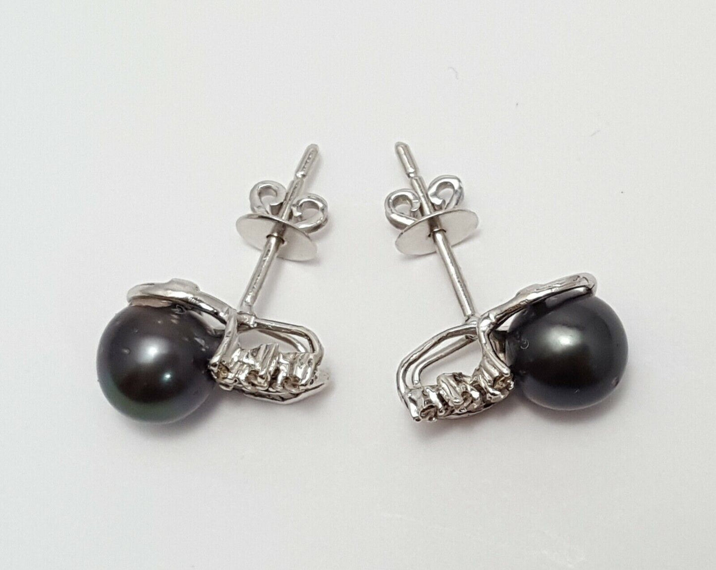 14K White Gold Designer Stud Tahitian Pearl & Diamonds Earrings