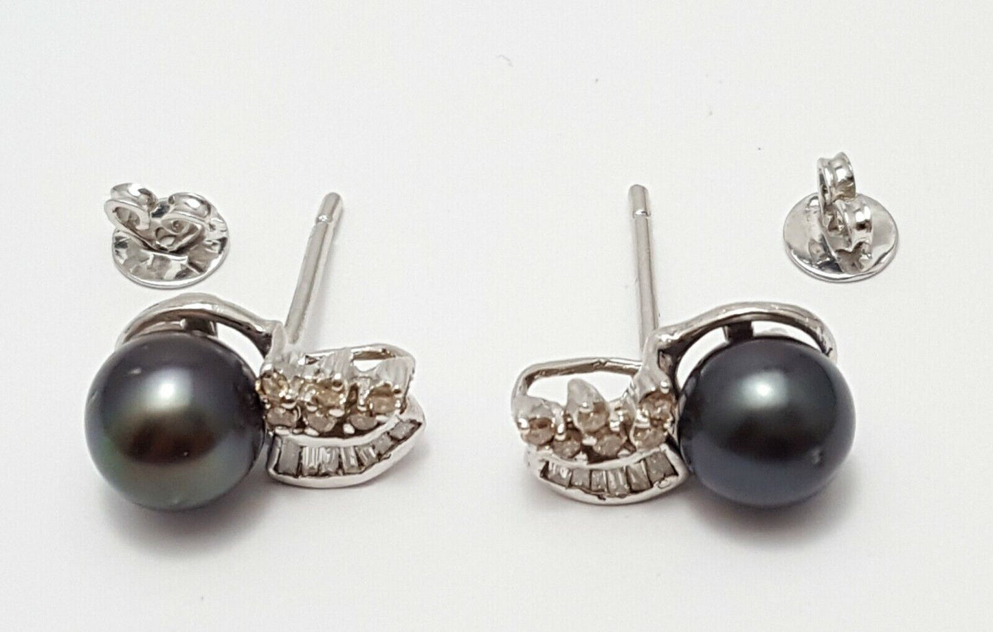 14K White Gold Designer Stud Tahitian Pearl & Diamonds Earrings