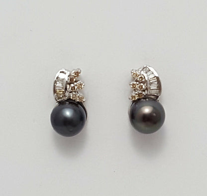 14K White Gold Designer Stud Tahitian Pearl & Diamonds Earrings