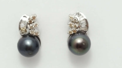 14K White Gold Designer Stud Tahitian Pearl & Diamonds Earrings