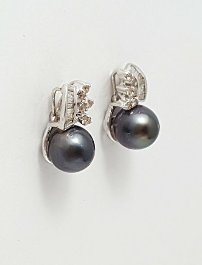 14K White Gold Designer Stud Tahitian Pearl & Diamonds Earrings