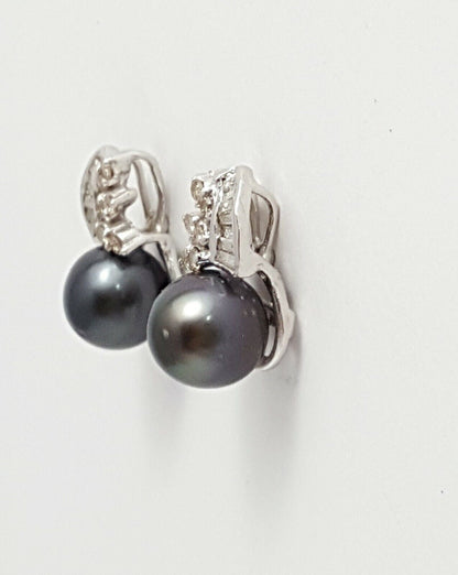 14K White Gold Designer Stud Tahitian Pearl & Diamonds Earrings