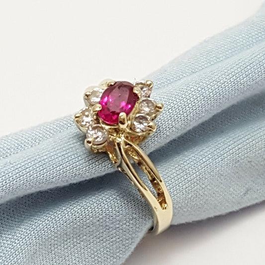 14K Yellow Gold Ladies Synthetic Ruby & Cubic Zirconia Ring