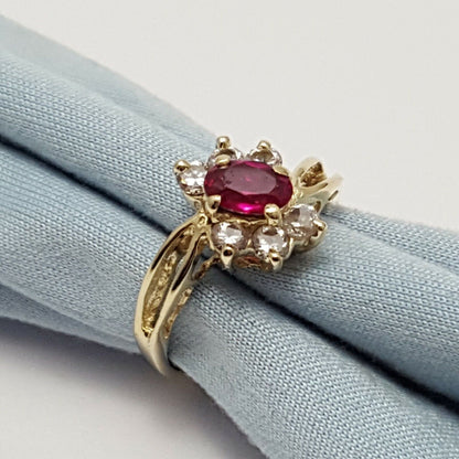 14K Yellow Gold Ladies Synthetic Ruby & Cubic Zirconia Ring