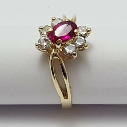 14K Yellow Gold Ladies Synthetic Ruby & Cubic Zirconia Ring