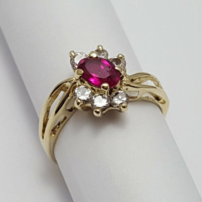 14K Yellow Gold Ladies Synthetic Ruby & Cubic Zirconia Ring