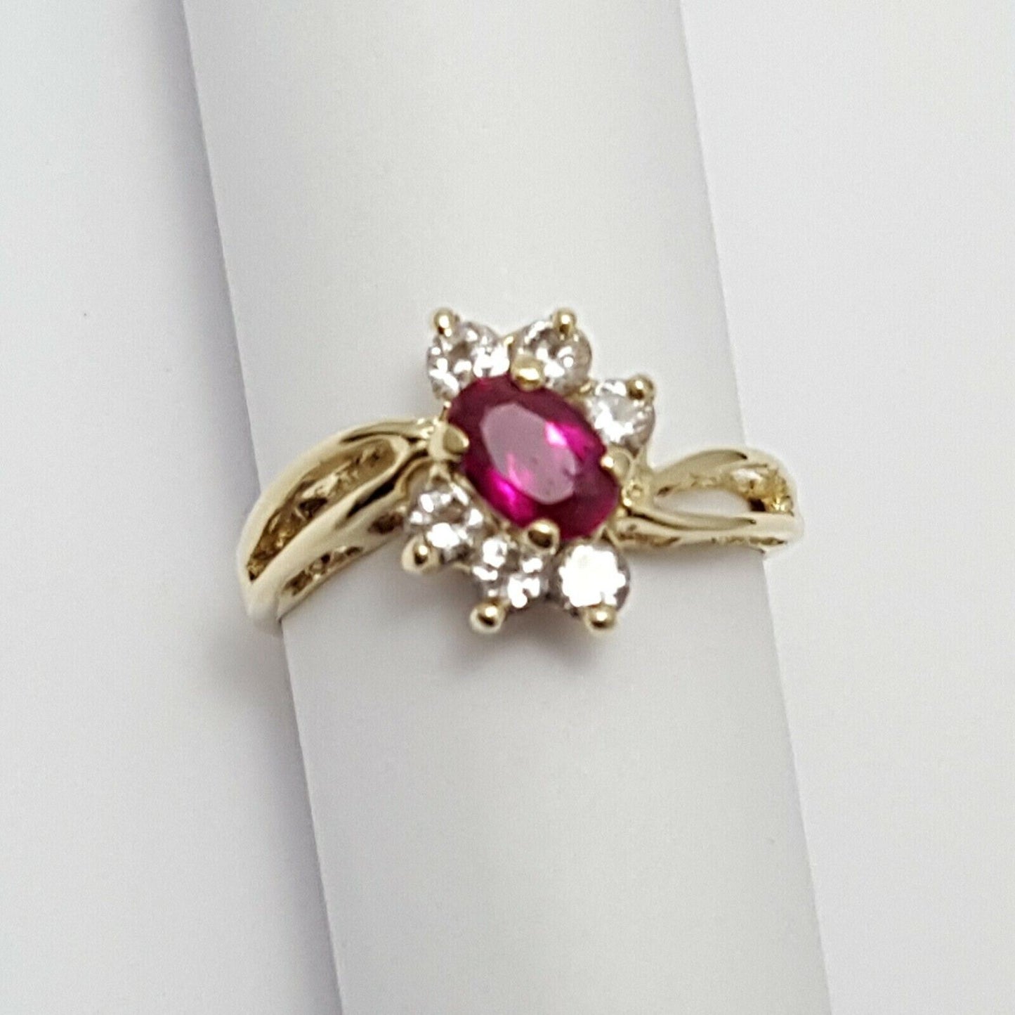 14K Yellow Gold Ladies Synthetic Ruby & Cubic Zirconia Ring