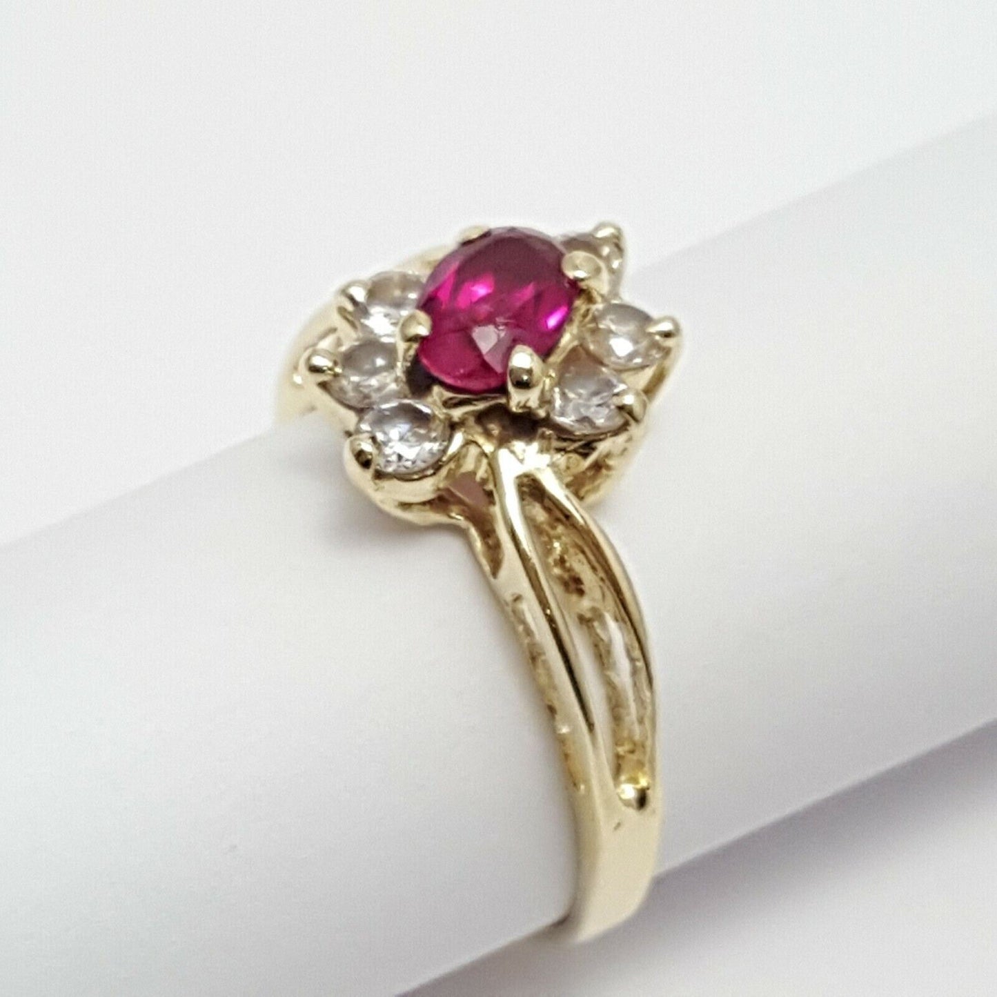 14K Yellow Gold Ladies Synthetic Ruby & Cubic Zirconia Ring