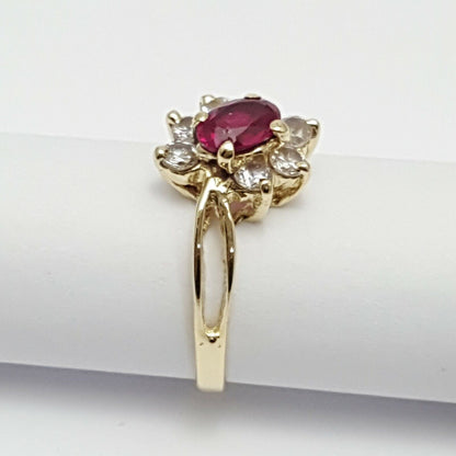 14K Yellow Gold Ladies Synthetic Ruby & Cubic Zirconia Ring