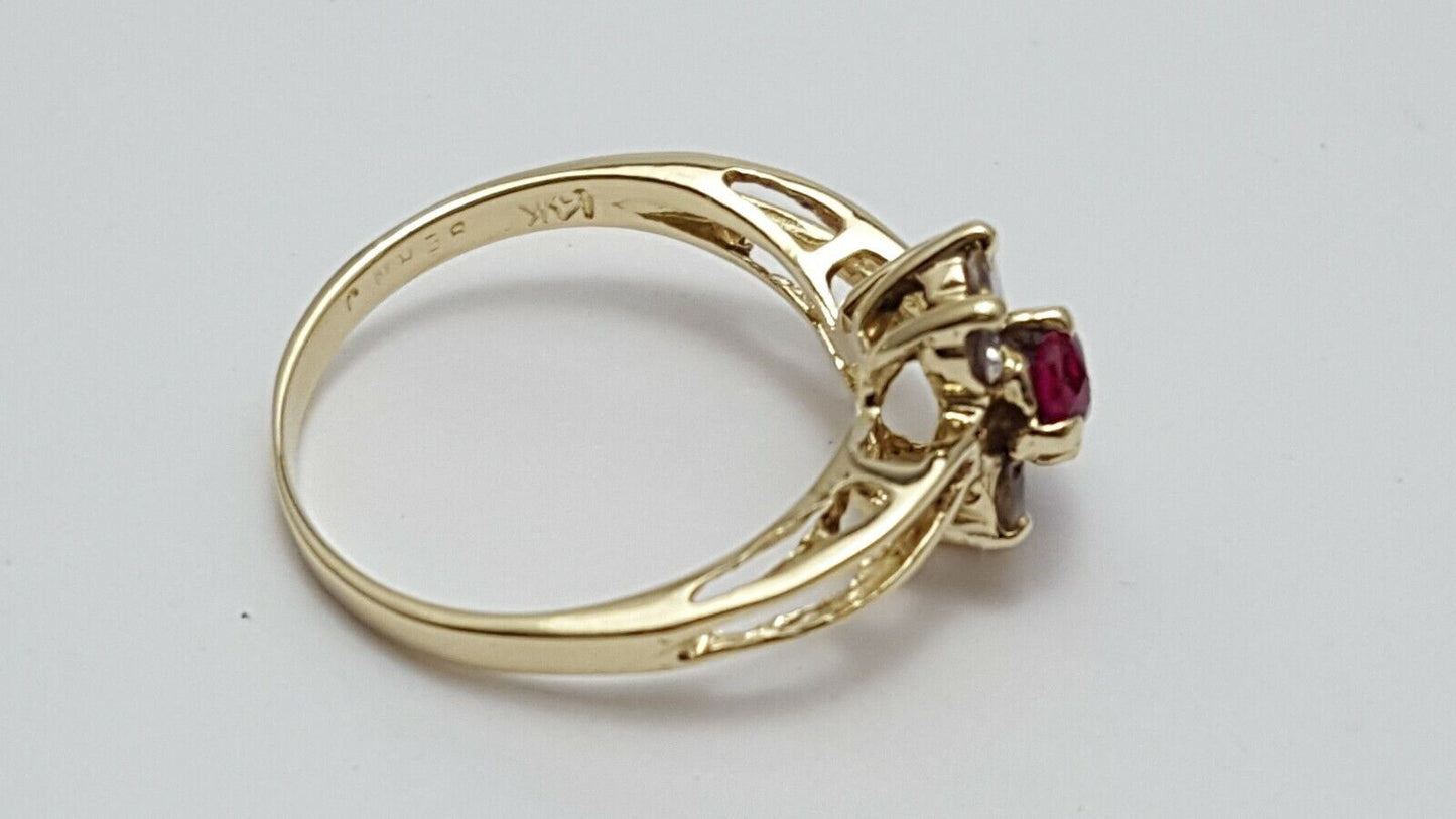 14K Yellow Gold Ladies Synthetic Ruby & Cubic Zirconia Ring