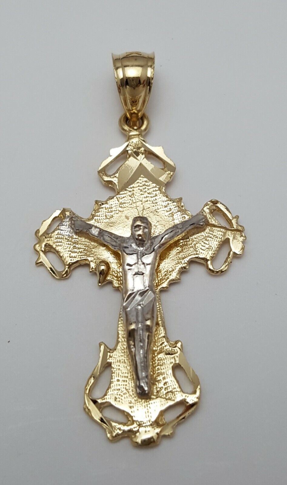 14K Solid Two Tone Religious Jesus on Cross Charm Pendant