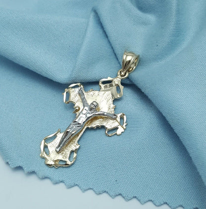 14K Solid Two Tone Religious Jesus on Cross Charm Pendant