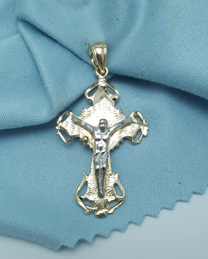 14K Solid Two Tone Religious Jesus on Cross Charm Pendant