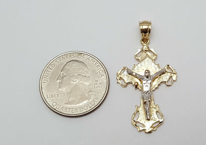 14K Solid Two Tone Religious Jesus on Cross Charm Pendant