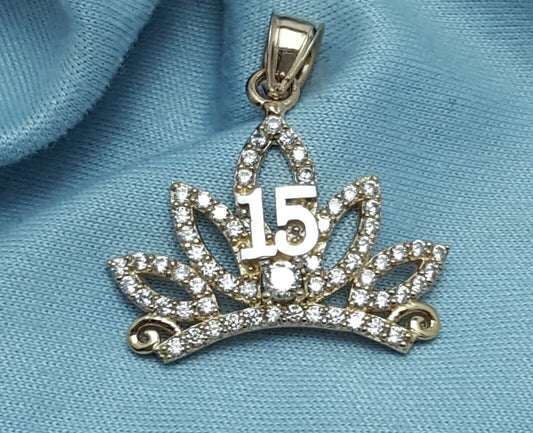 14K Two Tone Cubic Zirconia Quinceanera Crown Tiara 15 Charm Pendant