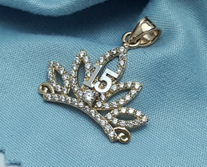 14K Two Tone Cubic Zirconia Quinceanera Crown Tiara 15 Charm Pendant