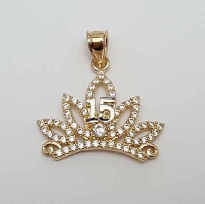 14K Two Tone Cubic Zirconia Quinceanera Crown Tiara 15 Charm Pendant