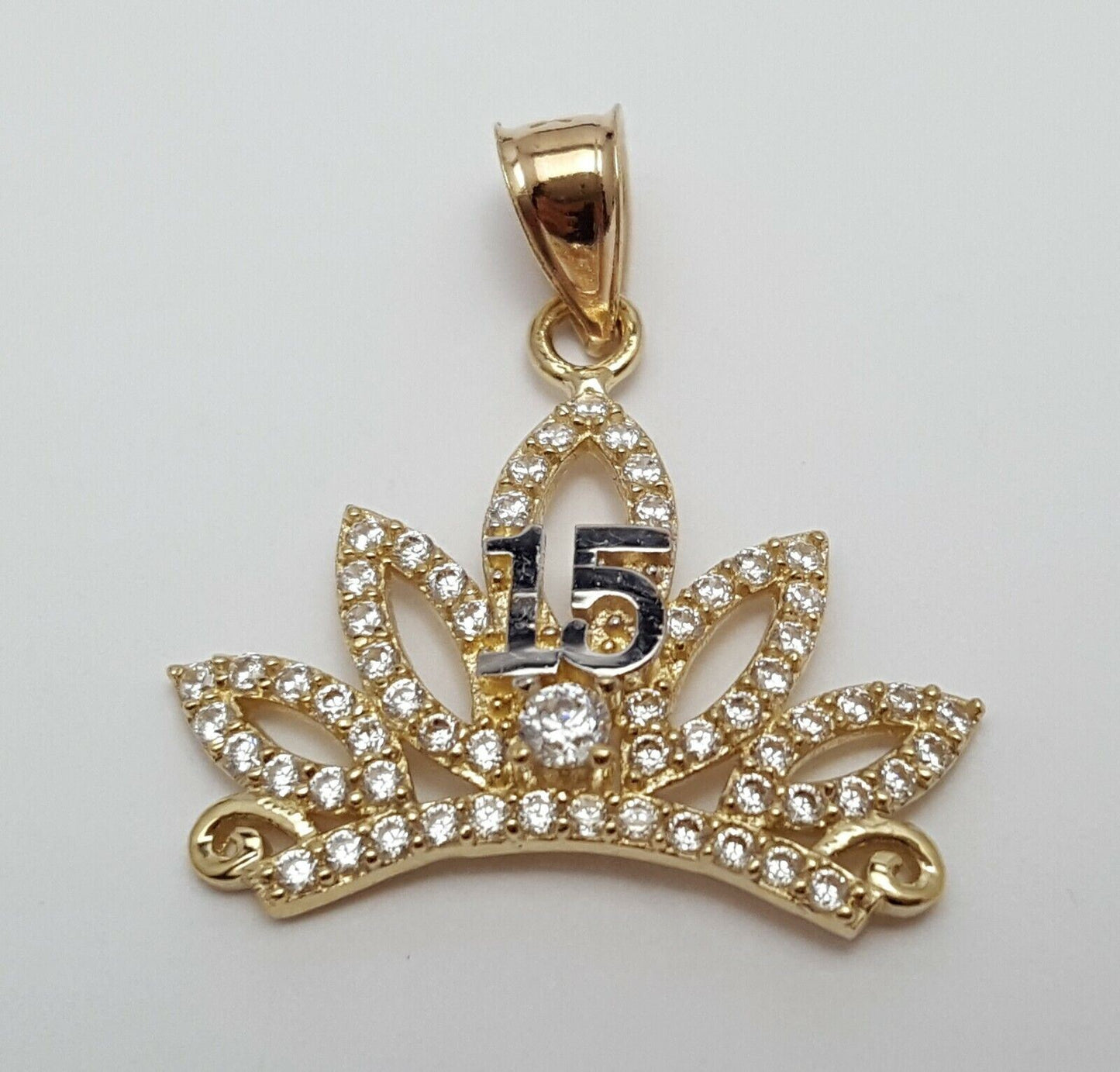 14K Two Tone Cubic Zirconia Quinceanera Crown Tiara 15 Charm Pendant