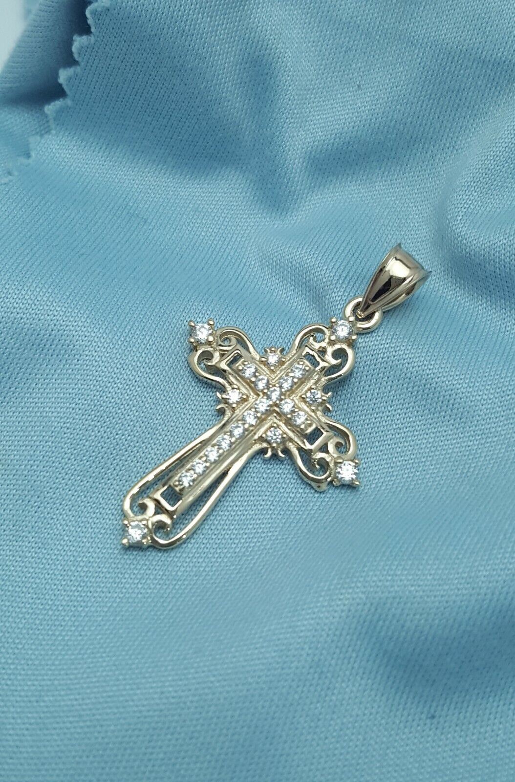 14K Solid Yellow Gold Religious Cubic Zirconia Cross Charm Pendant