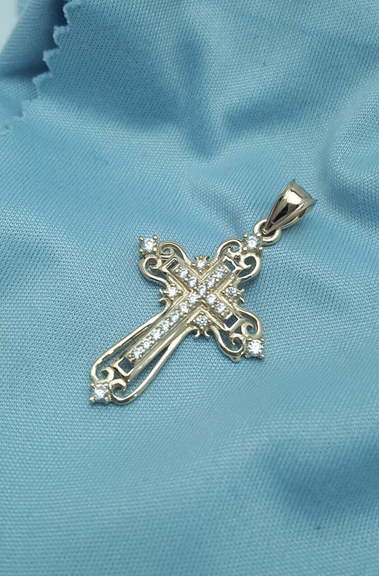 14K Solid Yellow Gold Religious Cubic Zirconia Cross Charm Pendant