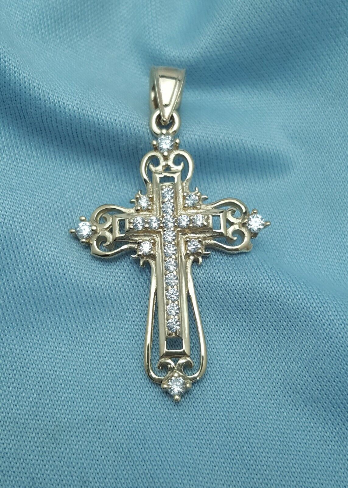 14K Solid Yellow Gold Religious Cubic Zirconia Cross Charm Pendant