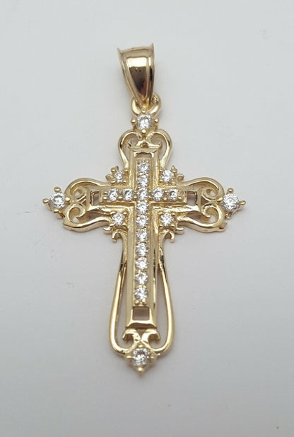 14K Solid Yellow Gold Religious Cubic Zirconia Cross Charm Pendant