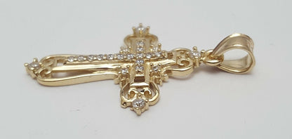 14K Solid Yellow Gold Religious Cubic Zirconia Cross Charm Pendant