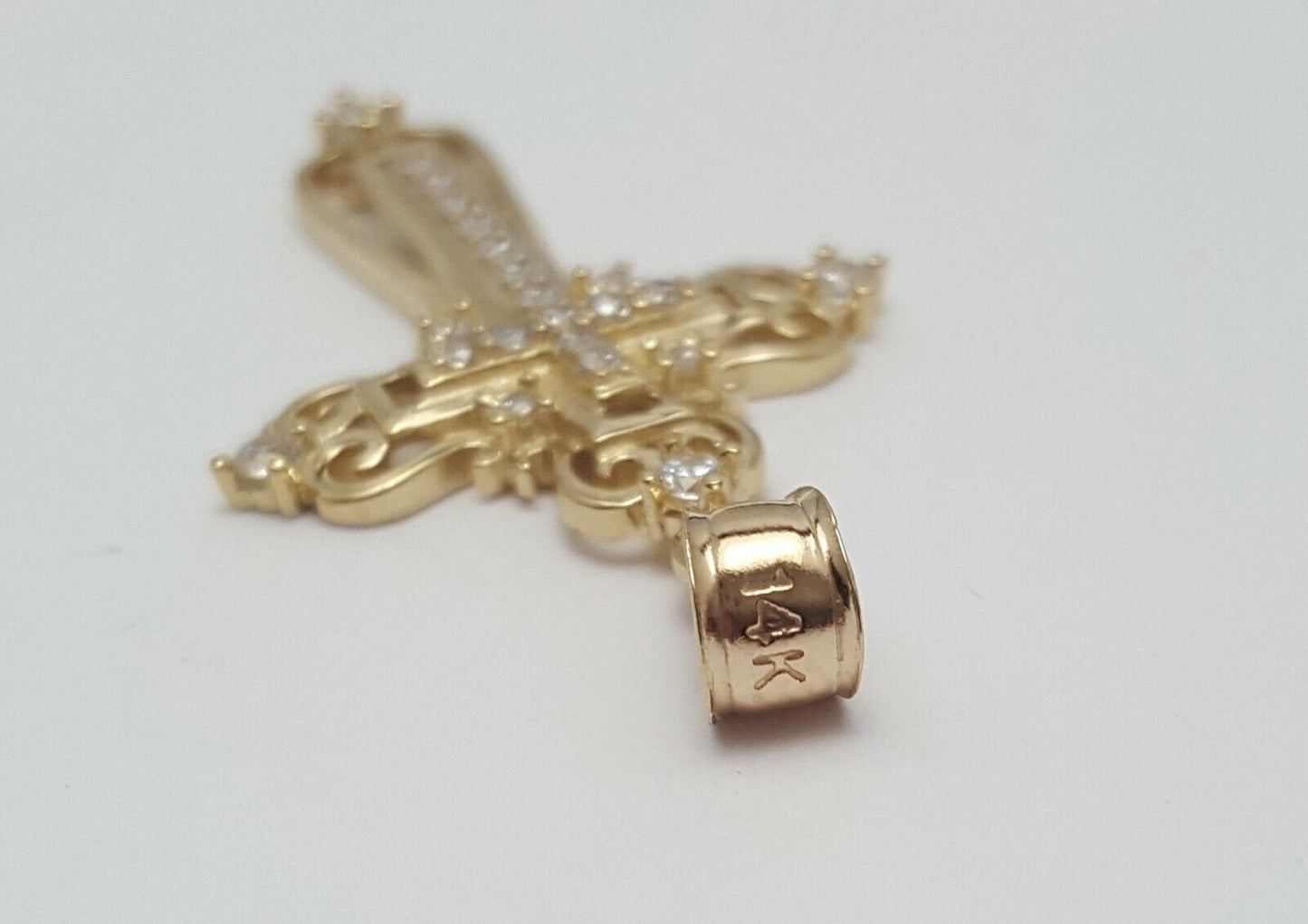 14K Solid Yellow Gold Religious Cubic Zirconia Cross Charm Pendant