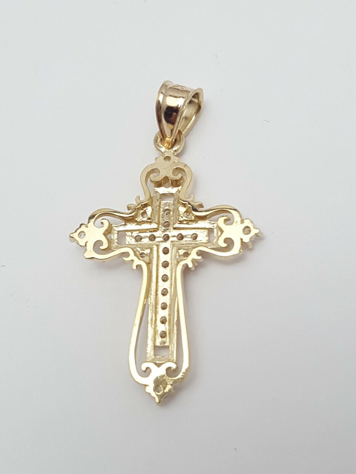 14K Solid Yellow Gold Religious Cubic Zirconia Cross Charm Pendant