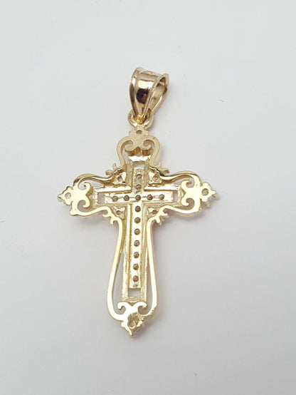 14K Solid Yellow Gold Religious Cubic Zirconia Cross Charm Pendant