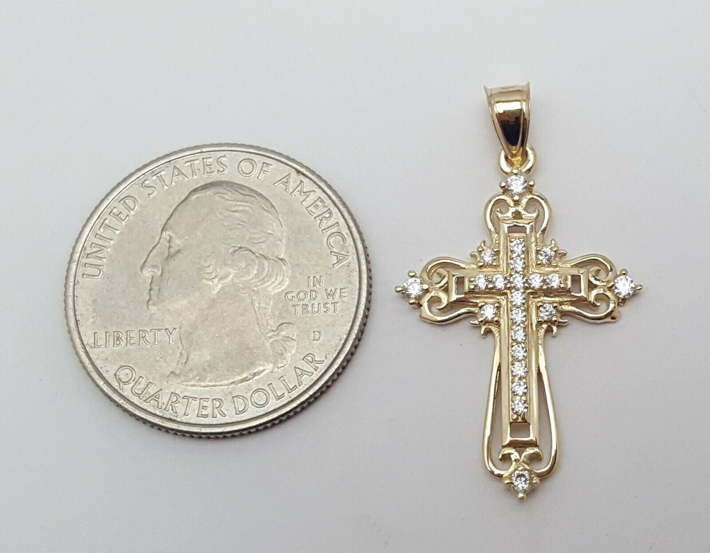 14K Solid Yellow Gold Religious Cubic Zirconia Cross Charm Pendant