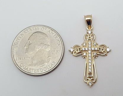 14K Solid Yellow Gold Religious Cubic Zirconia Cross Charm Pendant