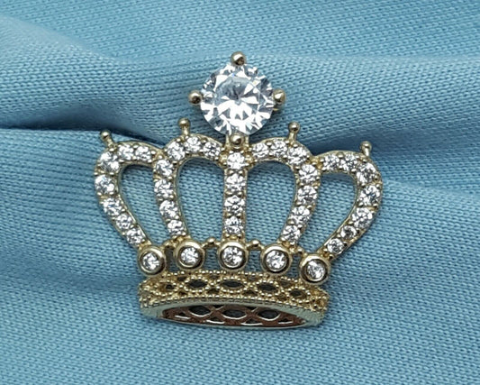 14K Solid Yellow Gold Crown Tiara Cubic Zirconia Charm Pendant