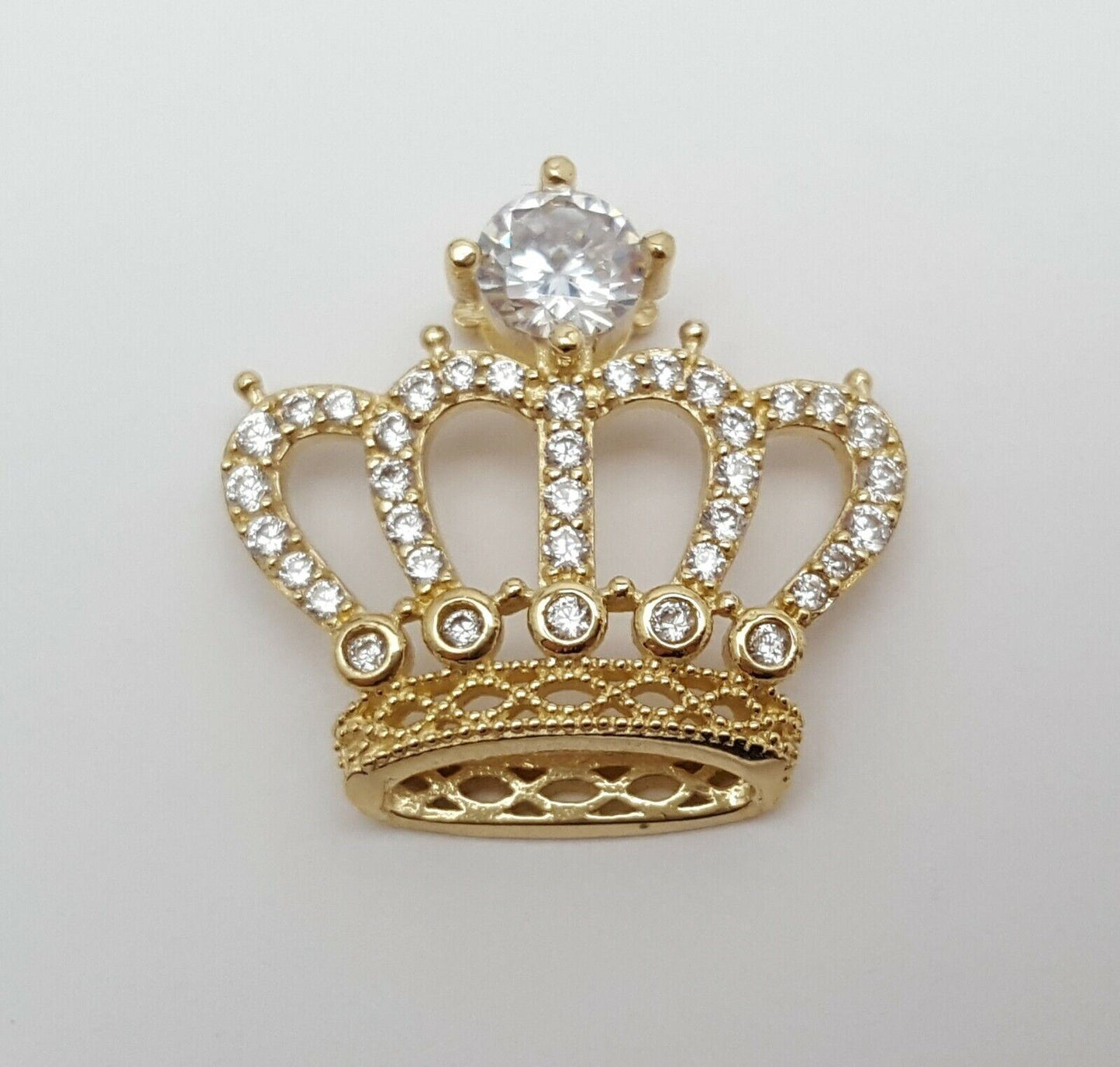 14K Solid Yellow Gold Crown Tiara Cubic Zirconia Charm Pendant