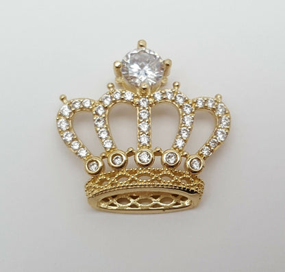 14K Solid Yellow Gold Crown Tiara Cubic Zirconia Charm Pendant