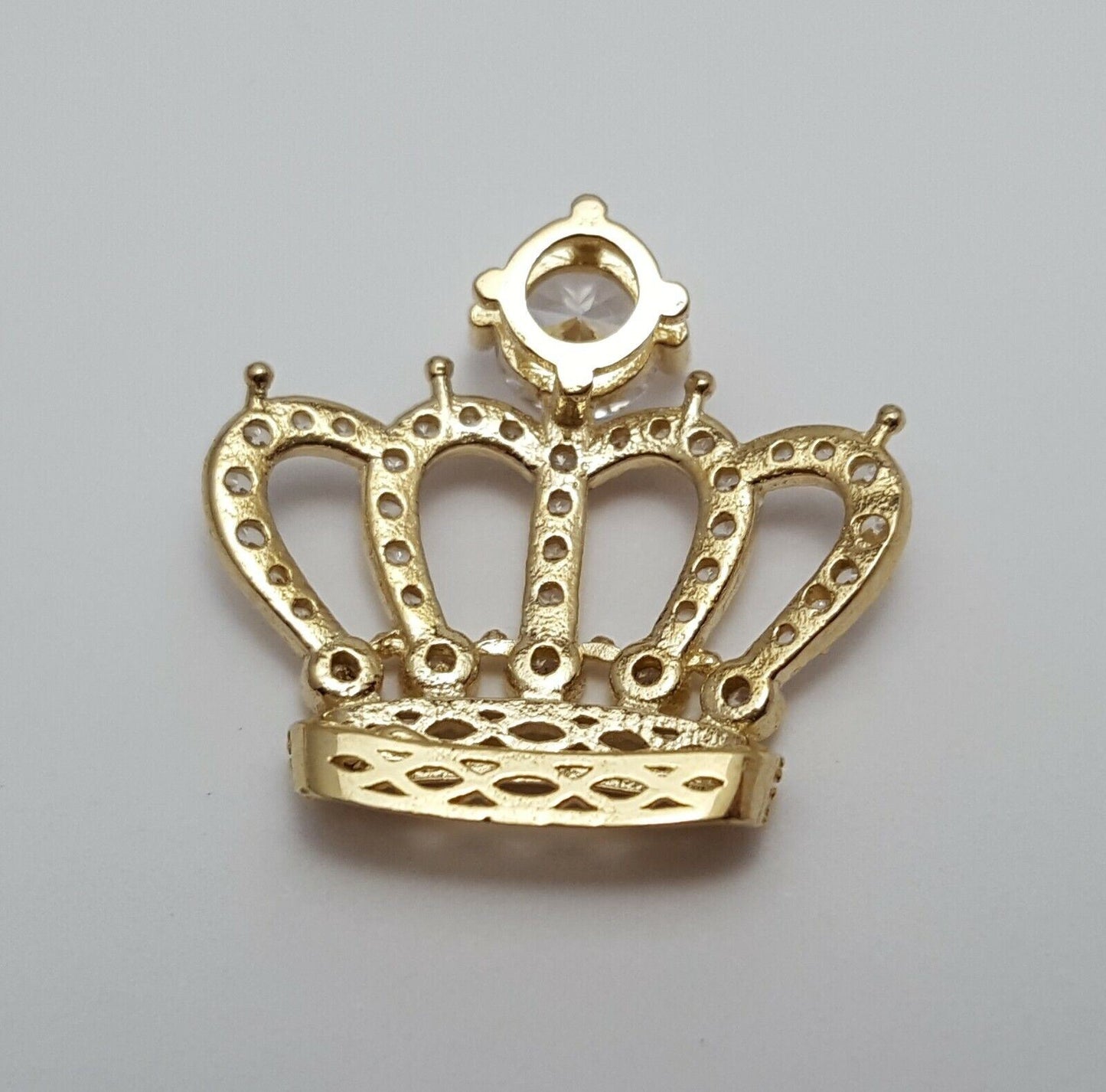 14K Solid Yellow Gold Crown Tiara Cubic Zirconia Charm Pendant