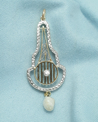 Vintage 14K Solid Two Tone Gold Dangle Diamond & Pearl Charm Pendant