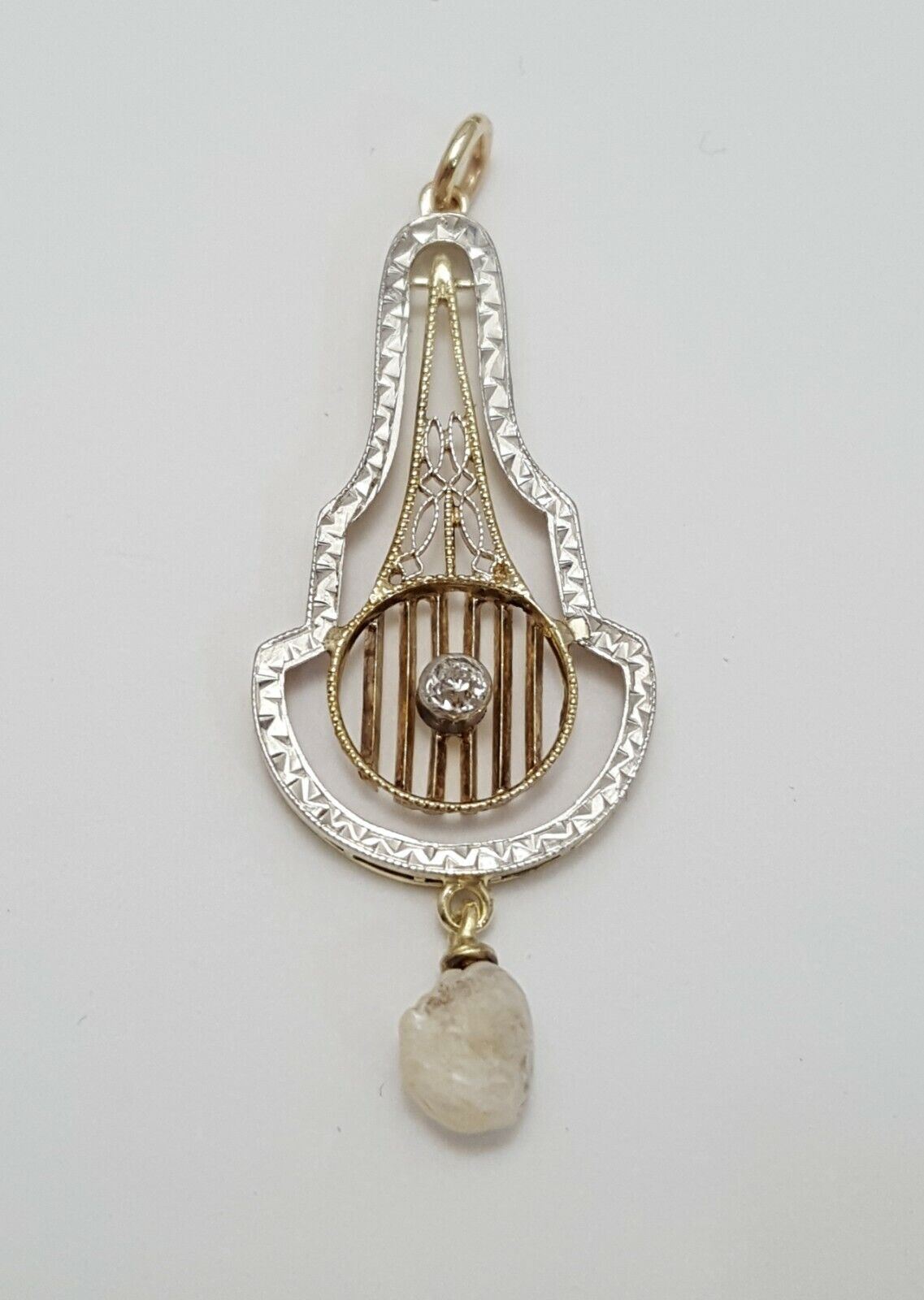 Vintage 14K Solid Two Tone Gold Dangle Diamond & Pearl Charm Pendant