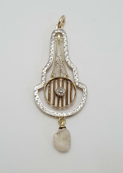 Vintage 14K Solid Two Tone Gold Dangle Diamond & Pearl Charm Pendant