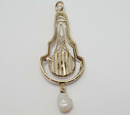 Vintage 14K Solid Two Tone Gold Dangle Diamond & Pearl Charm Pendant