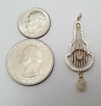 Vintage 14K Solid Two Tone Gold Dangle Diamond & Pearl Charm Pendant