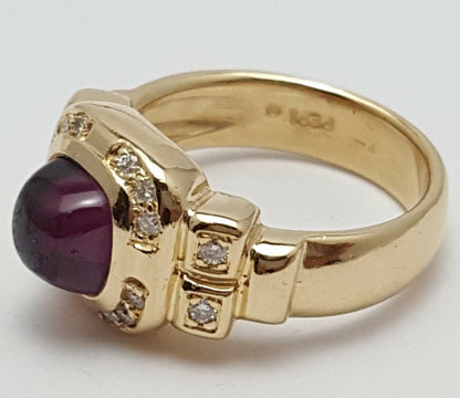 14K Solid Yellow Gold Ladies Cabochon Amethyst & Diamond Ring